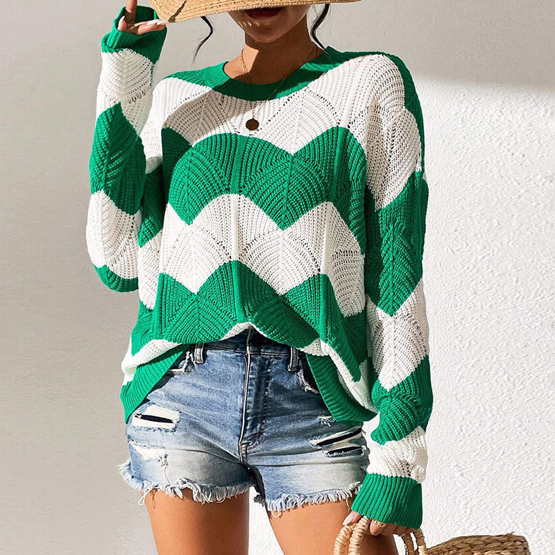Womens Loose-fit Crew-neck Color-block Striped Long-sleeve Sweater