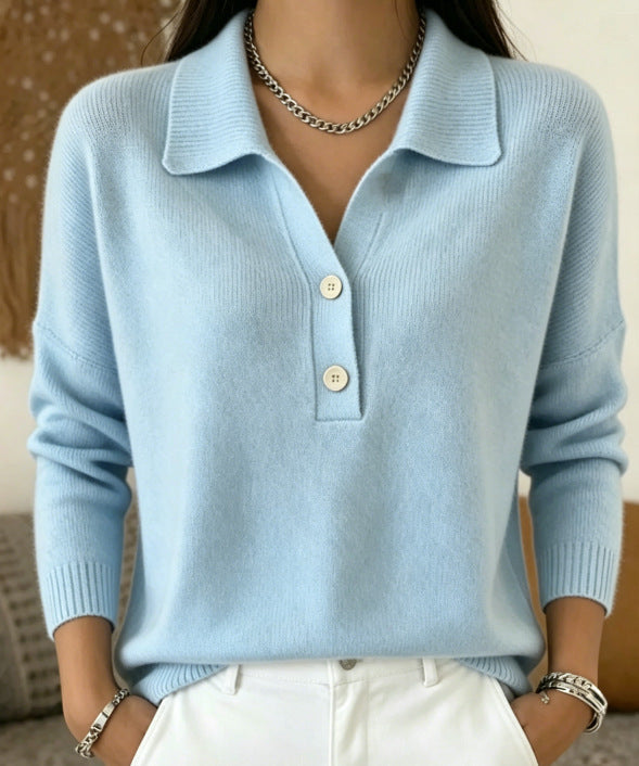 Women 's Polo Collar Knit Sweater Half Button V Neck Solid Color Loose Long Sleeve Elegant Trendy Casual Fall Winter Knit Top