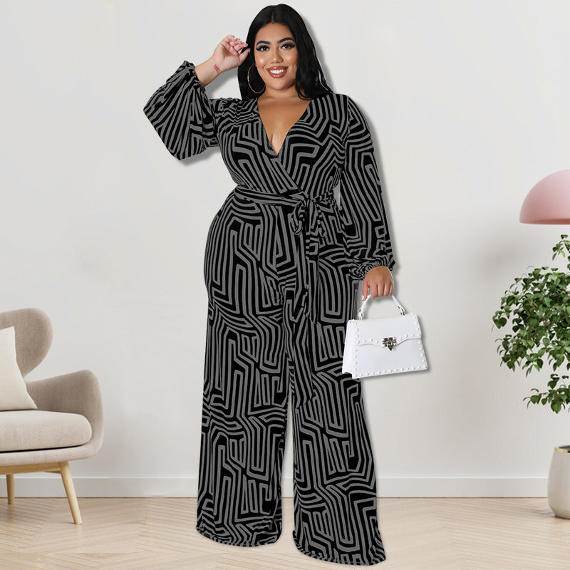 Elegant Long-Sleeve Straight-Leg Plus Size Jumpsuit