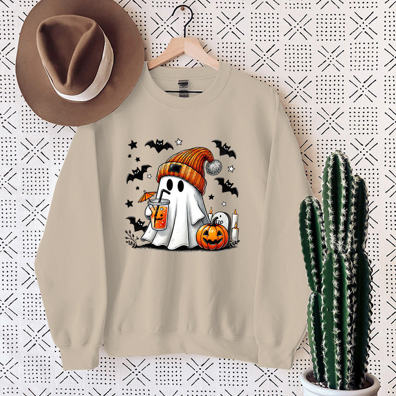 Women's Cute Halloween Ghost & Pumpkin Graphic Sweatshirt