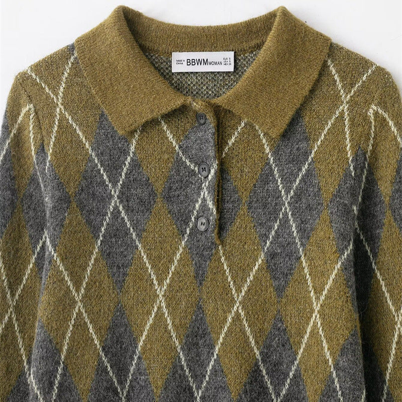 Women's Notched Lapel Long-sleeve Buttoned Diamond-patterned Knitted Sweater