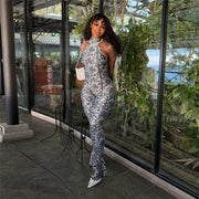 Women's Backless Halter Printed Slim Sheath Jumpsuit