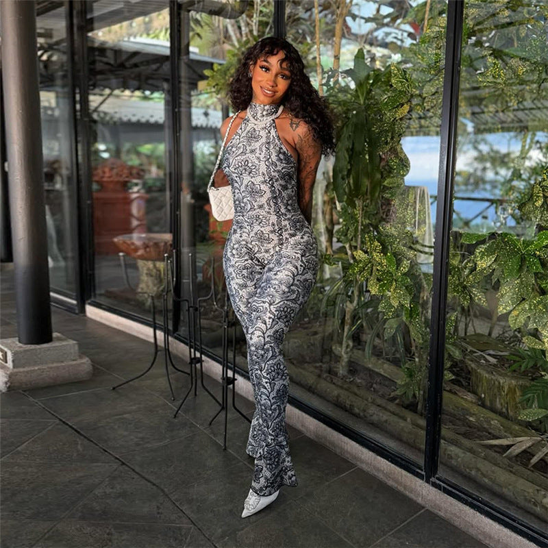 Women's Backless Halter Printed Slim Sheath Jumpsuit