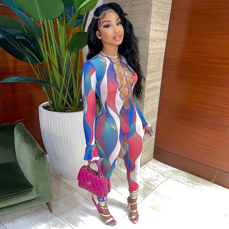 Women's Chic Printed Long-Sleeve Jumpsuit