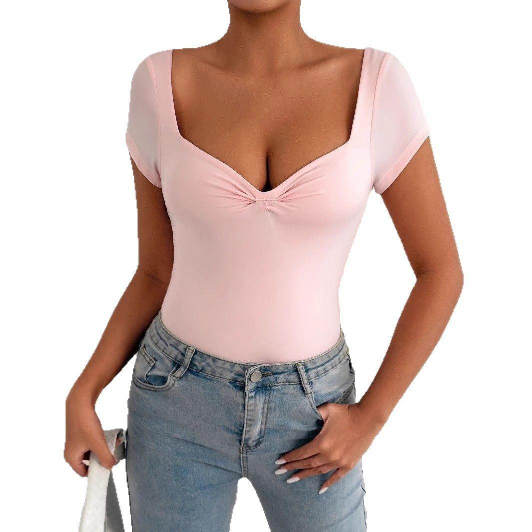Chic V-Neck Slim Fit Short-Sleeve Bodysuit