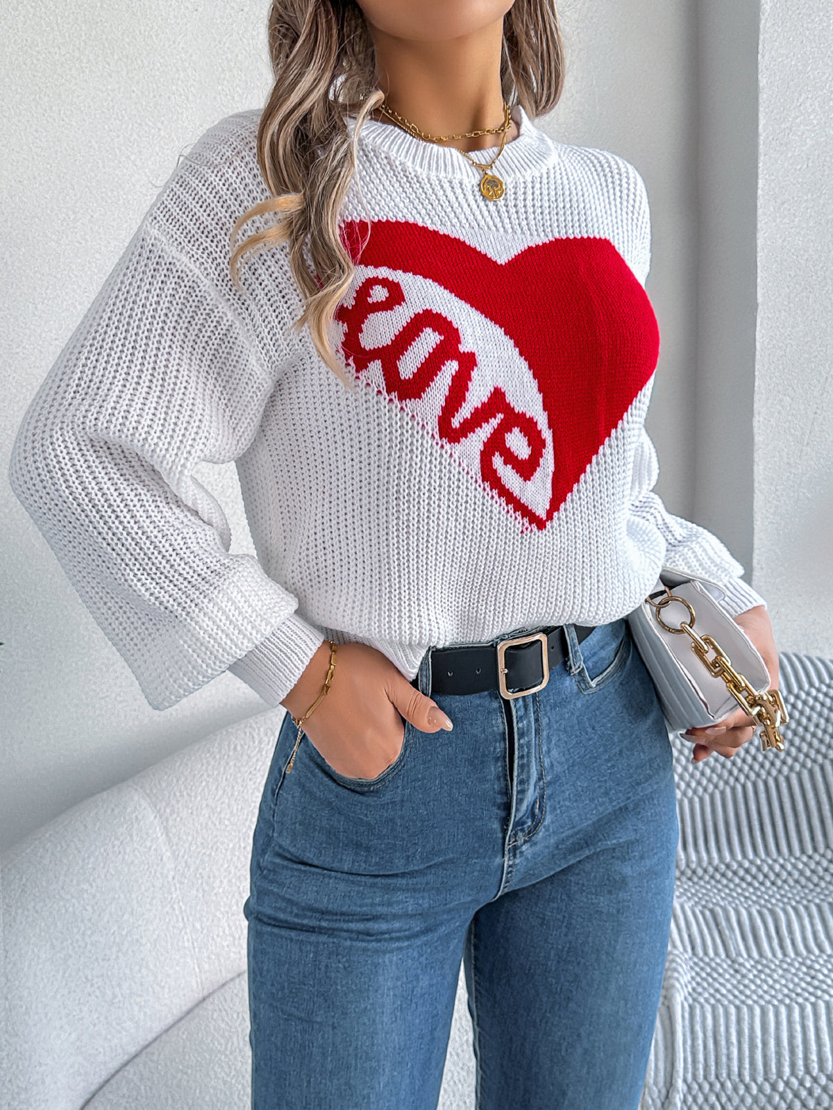 Women Casual Color Block Heart Love Long Sleeve Pullover Sweater