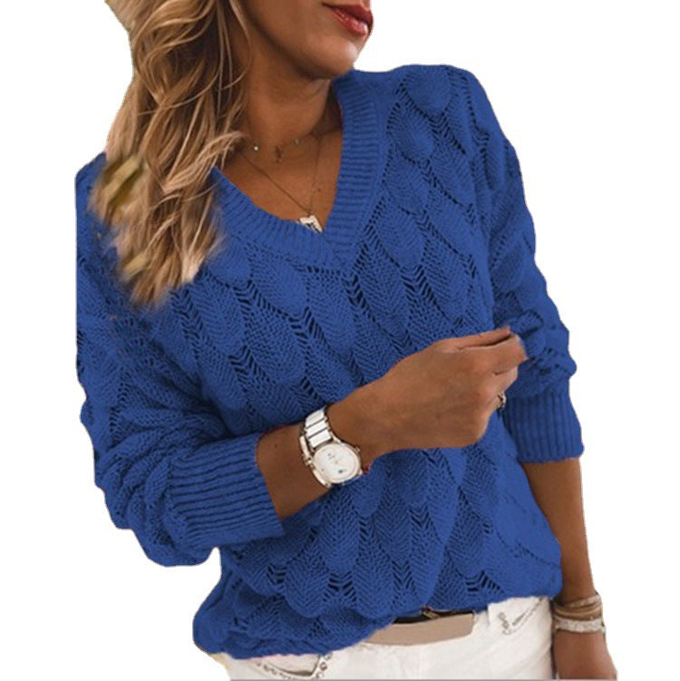 Knitted Sweater with Feather Detailing Hollow Out Design V Neck and Long Sleeves