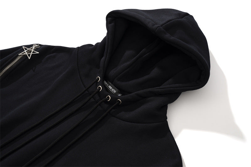 Retro Fleece Zip Hoodie with Drawstring & Pockets