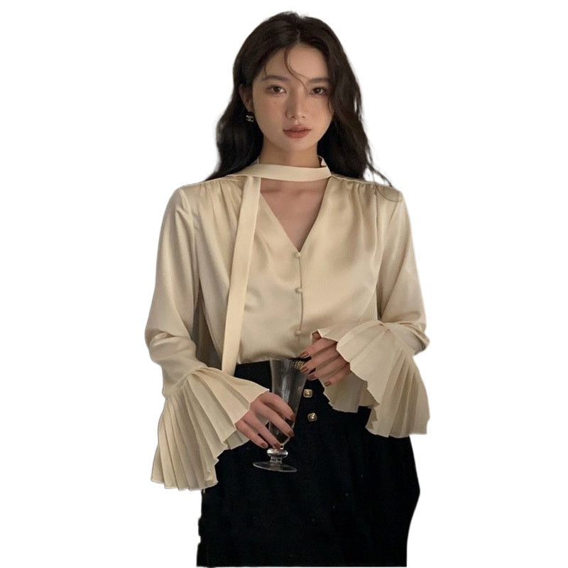 Women's Ruffled Sleeve Top Loose Shirt With Ribbon