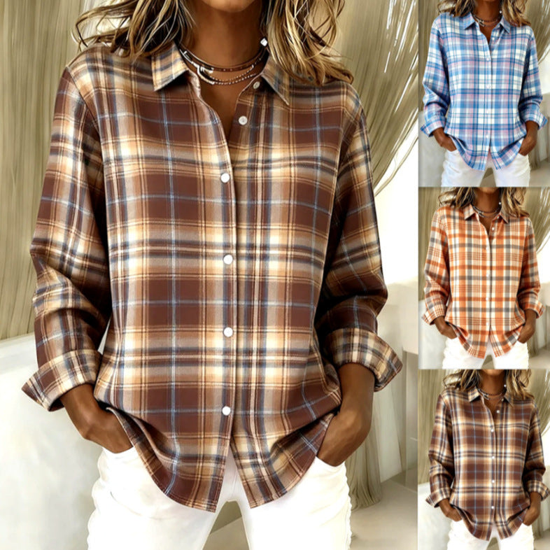 Women's Long-sleeved Lapel Plaid Button Shirt Top