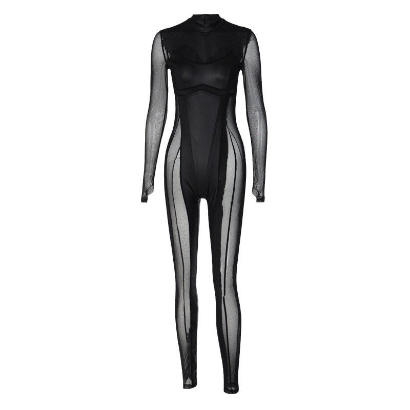 Spliced Mesh Sheer Long-Sleeve Sexy Black Jumpsuit
