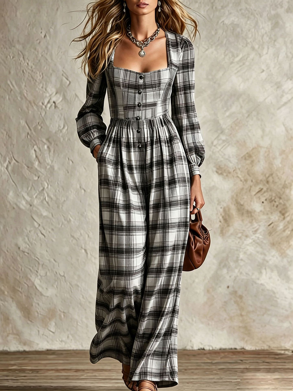 Womens Plaid Waist-Cinching Wide-Leg Jumpsuit