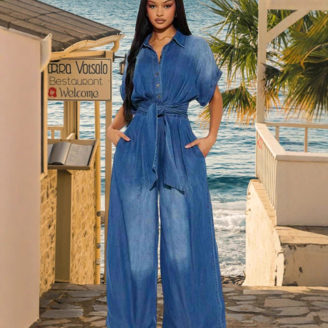 Women's Wide-Leg Denim Jumpsuit with Waist-Cinch