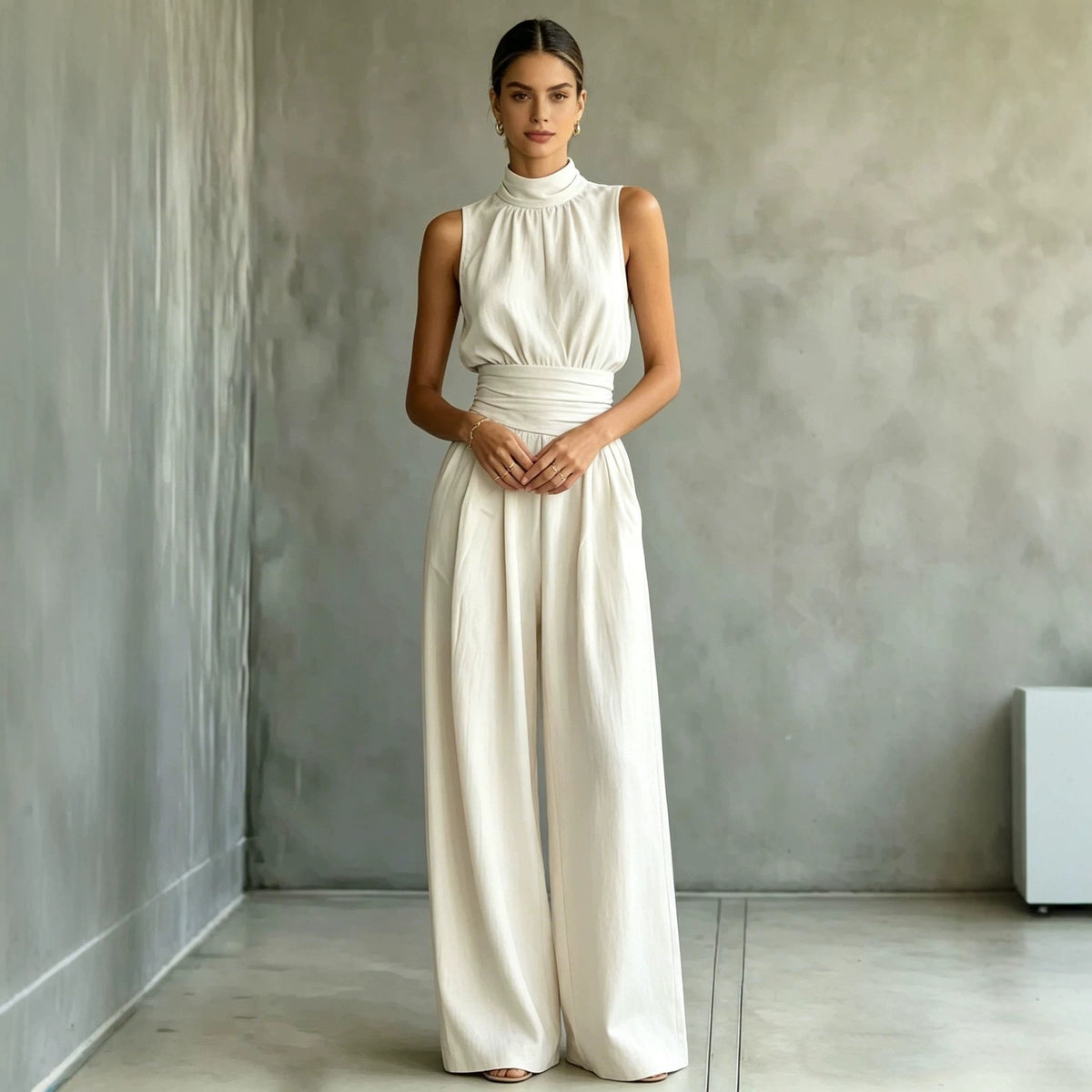 Chic Sleeveless Mock-Neck Wide-Leg Casual Jumpsuit