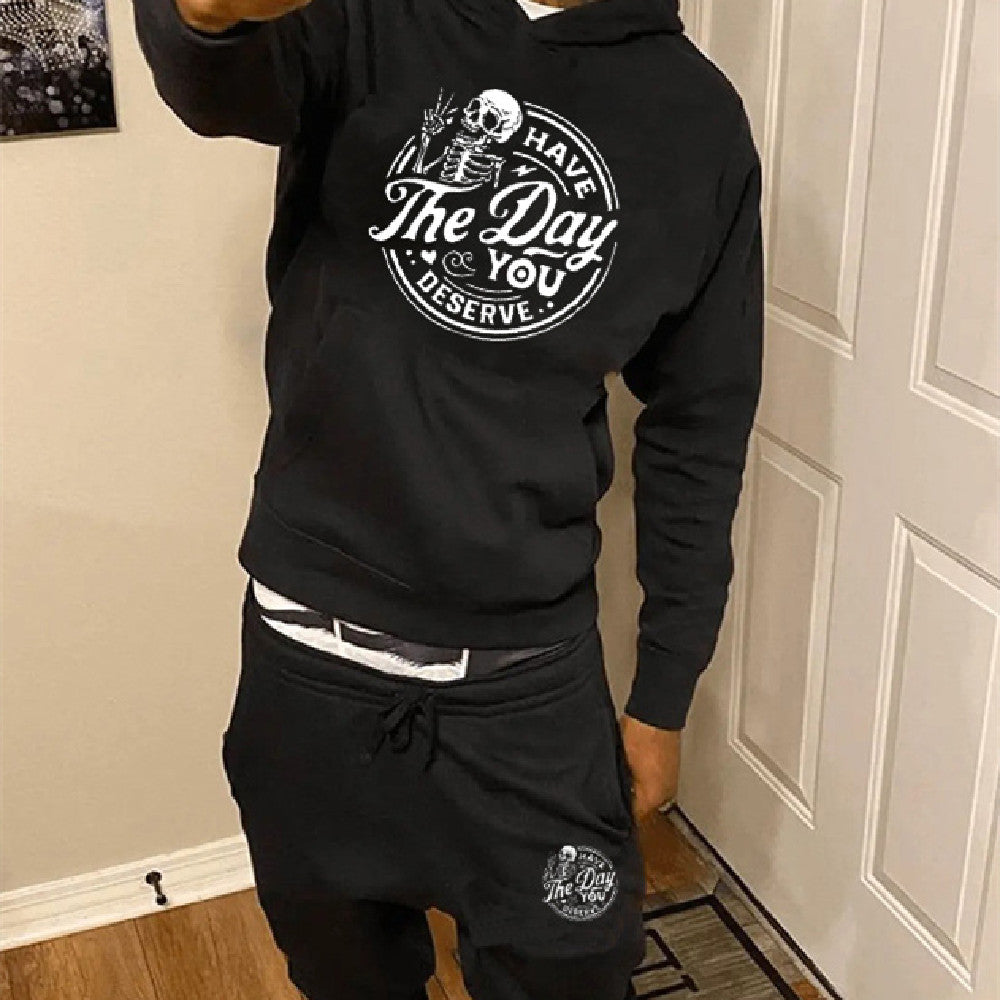Chic Black Hooded Casual Sweatshirt & Pants Set