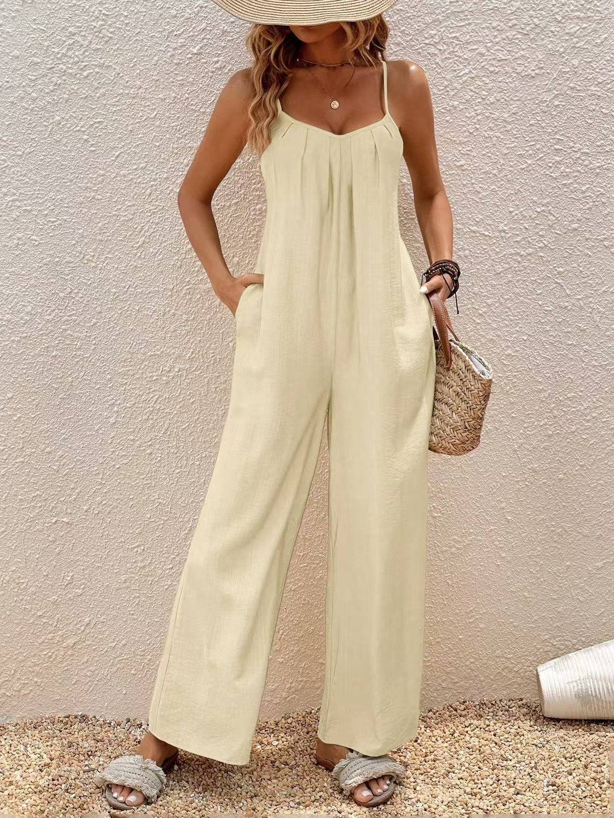 Elegant Solid Color Adjustable Strap Vacation Jumpsuit