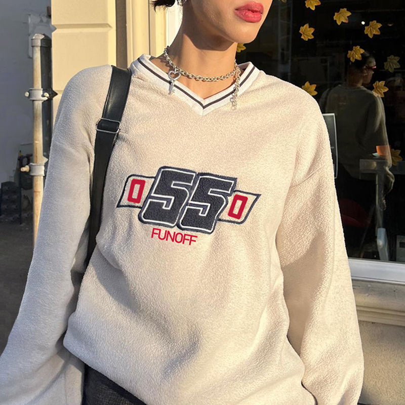 College Contrast V-Neck Print Sweatshirt Loose