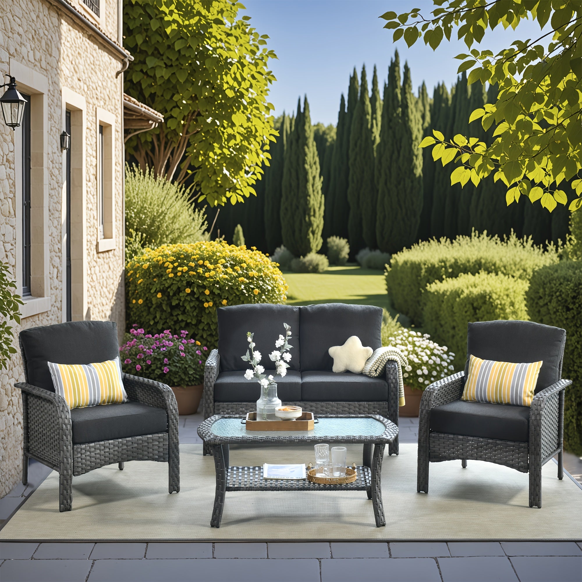 Outdoor Wicker Furniture Collection: Loveseat, Swivel Rocking Chairs, Patio Chairs, Rectangular Table, And Optional Side Table. Made with PE Rattan, Suitable for Patio, Backyard, Pool, Or Garden