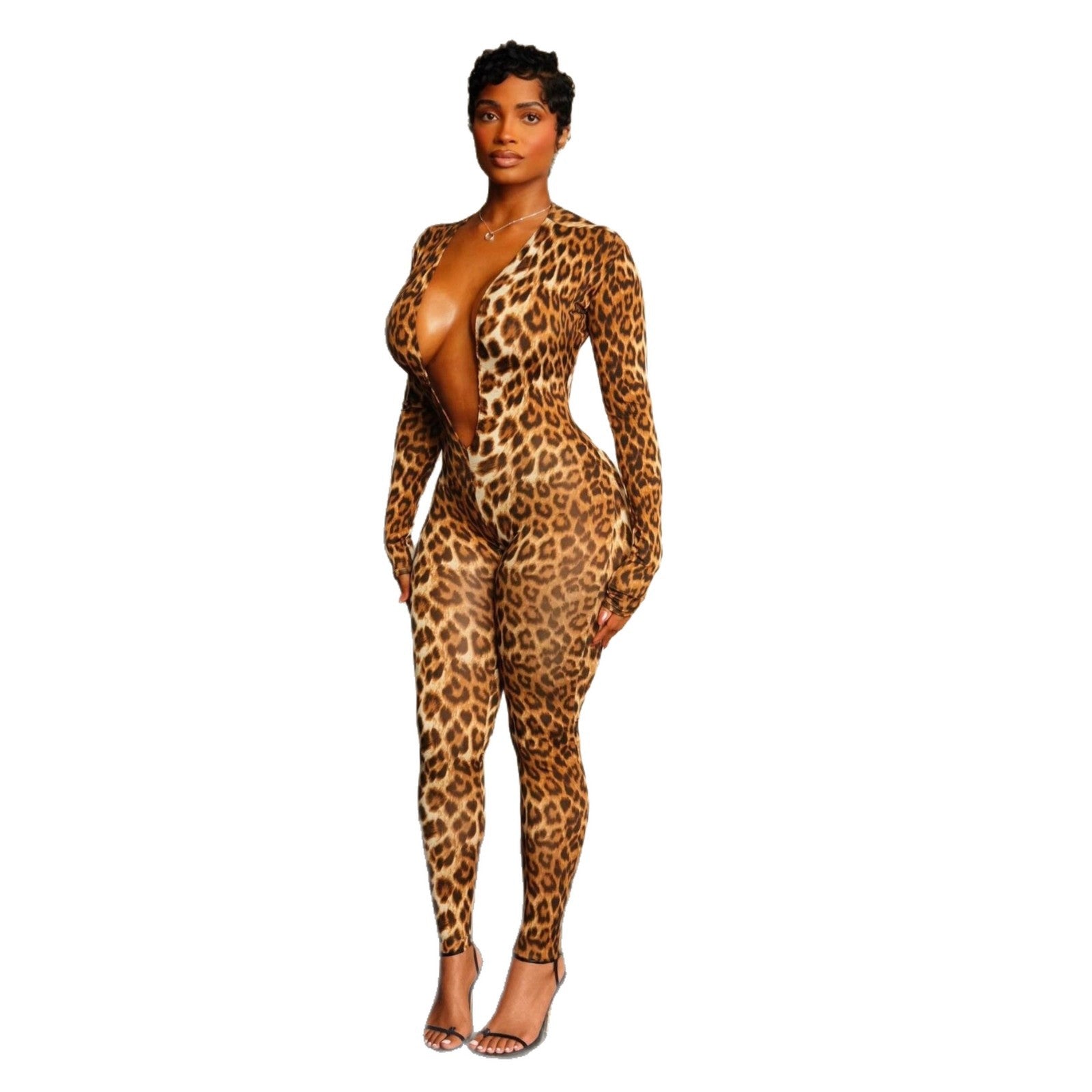 Womens Fashion Long-Sleeve Leopard-Print Jumpsuit
