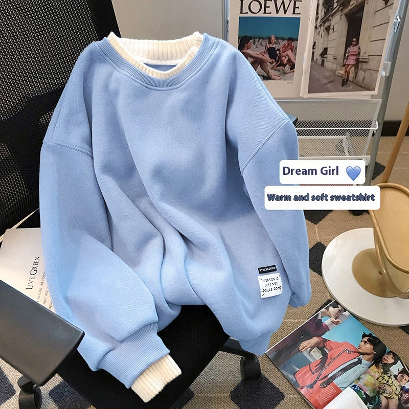 Cozy Fleece-Lined Fake Two-Piece Sweatshirt