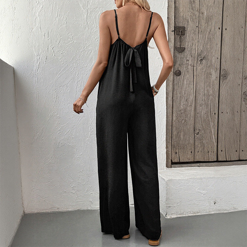 Women's Casual Lace-Patchwork Strap Wide-Leg Jumpsuit