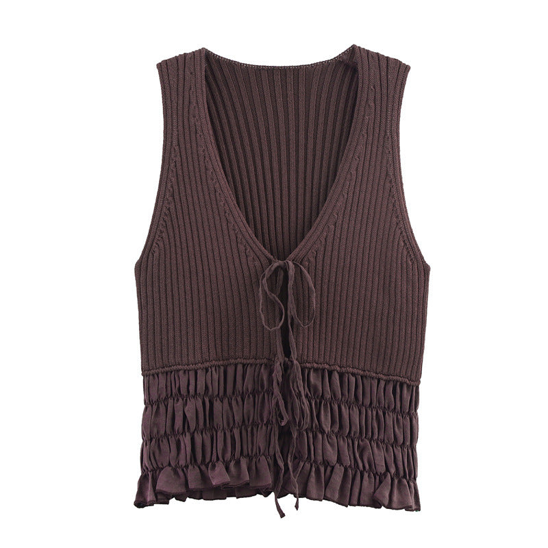 Summer Women's European and American Style Fashionable Simple Ruffled Knitted Top