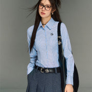College Style Striped Lapel Shirt, Waist Cinched Long Sleeved Top