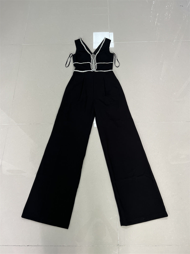 Rhinestone Edge-covered Sexy Low-cut Suit Jumpsuit