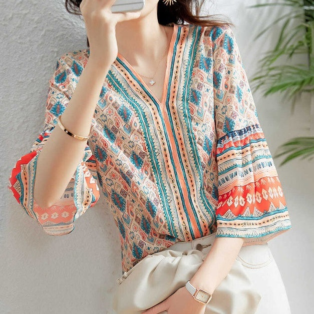 Flowy V‑Neck Boho Blouse with Flared Three‑Quarter Sleeves – Scarlet Chiffon