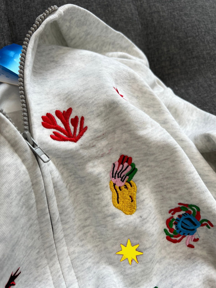 Retro Embroidered Hooded Zip-Up Jacket