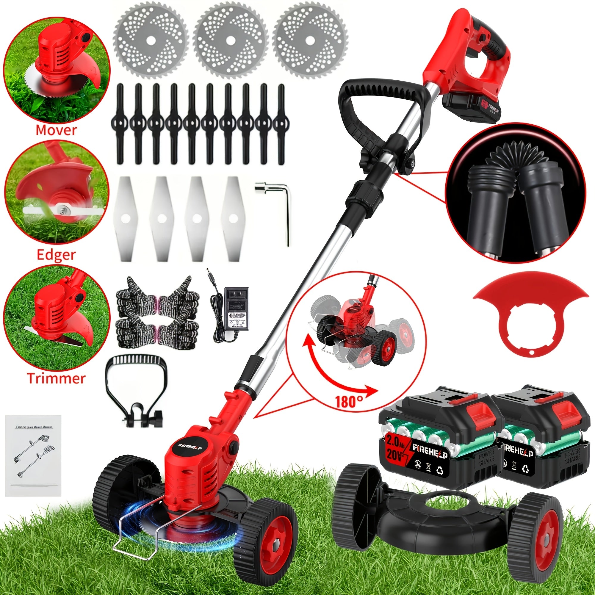 Cordless Electric Lawn Mower and Trimmer Set – Portable, 3 Blade Types, High-Capacity Lithium Battery