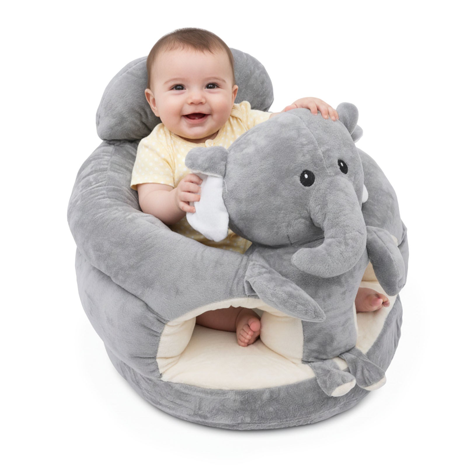 Plush Elephant Baby Support Seat - Ultra-Soft Cushioned Infant Lounger with Grey & White Elephant Design, Tummy Time Bed for & Toddlers, Non-Toxic Soft Fabric, Ideal Gift for Christmas, Birthdays, (No Assembly Required