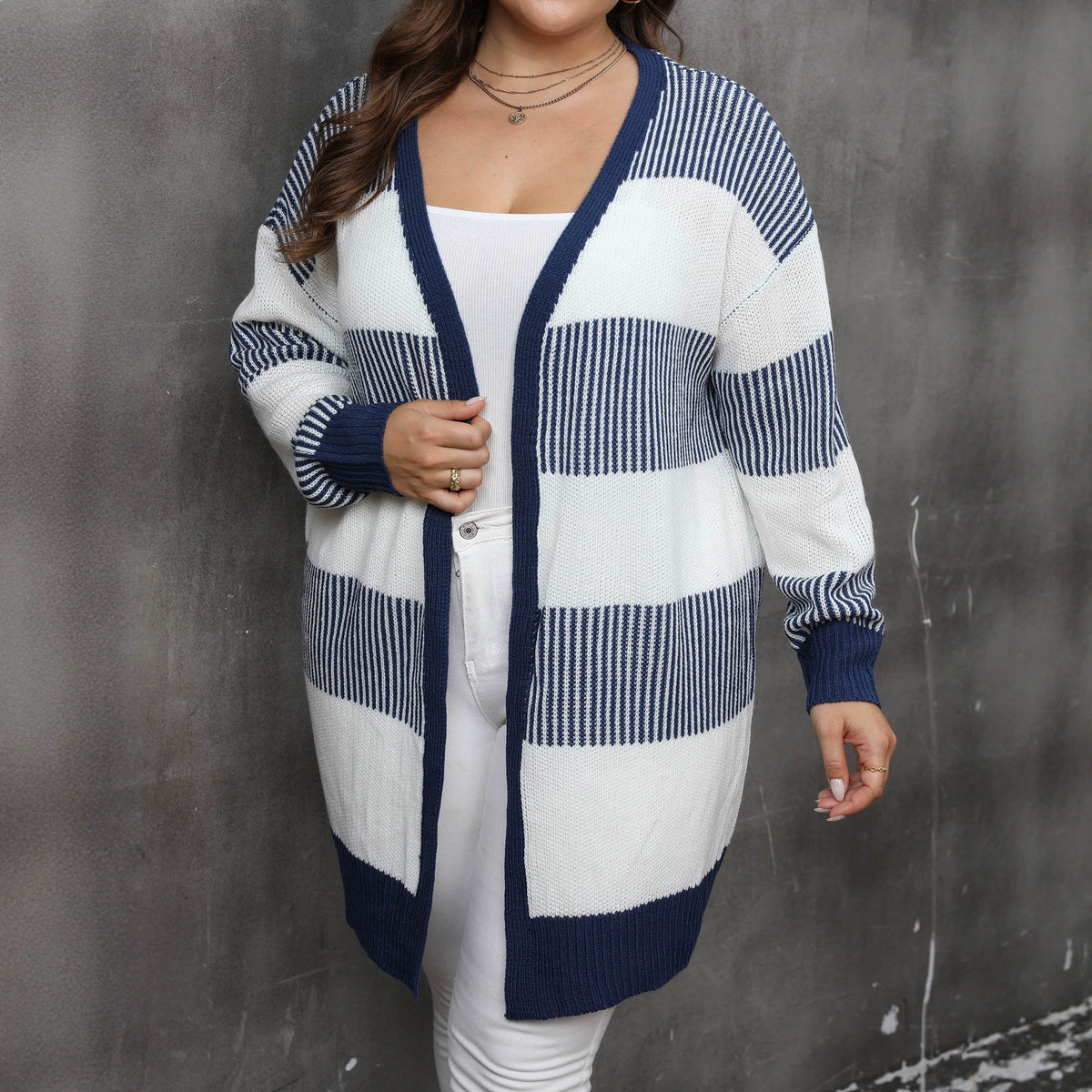 Color Blocking Patchwork Striped Knitted Cardigan for Women