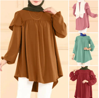 Solid Color Long Sleeve Loose Lotus Leaf Round Neck Top Shirt