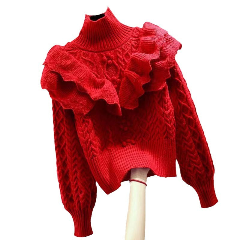 Pullover Knitted Top Ruffled Thick Turtleneck Sweater