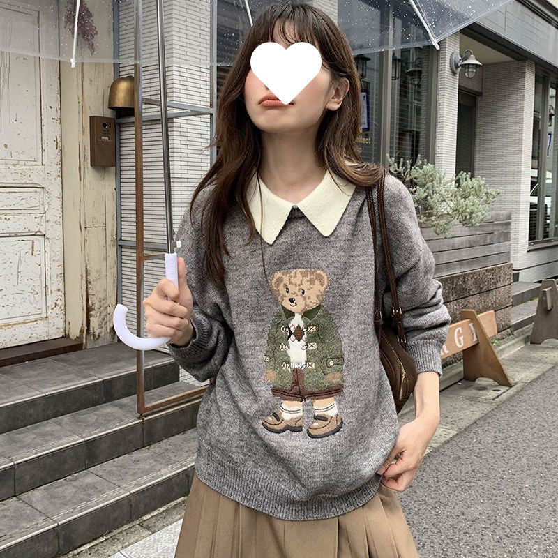Contrast Color Lapels Bear Brocade Sweater