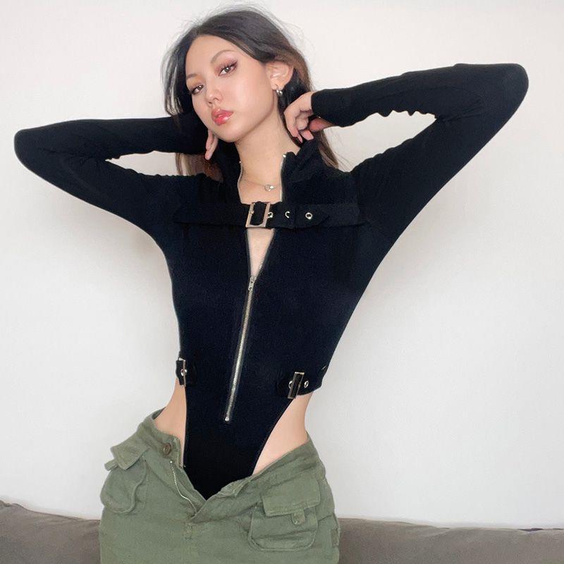 Edgy Metal Buckle Zip Slim Fit Jumpsuit