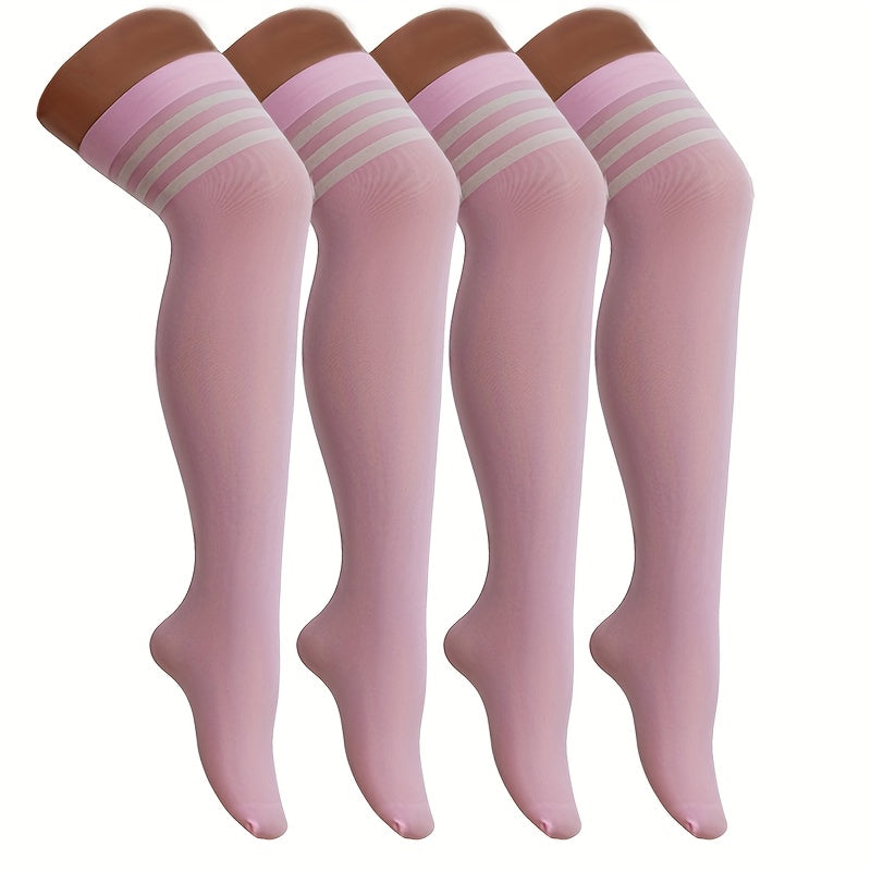 Thin Transparent Pink Knee‑High Socks – 4 Pairs, Striped Design, High Elasticity