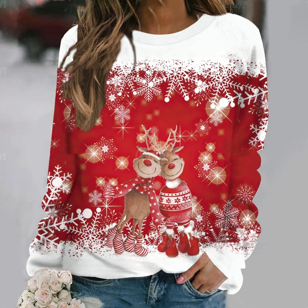 Women's 3D Cartoon Elk Print Loose Long Sleeve Sweatshirt