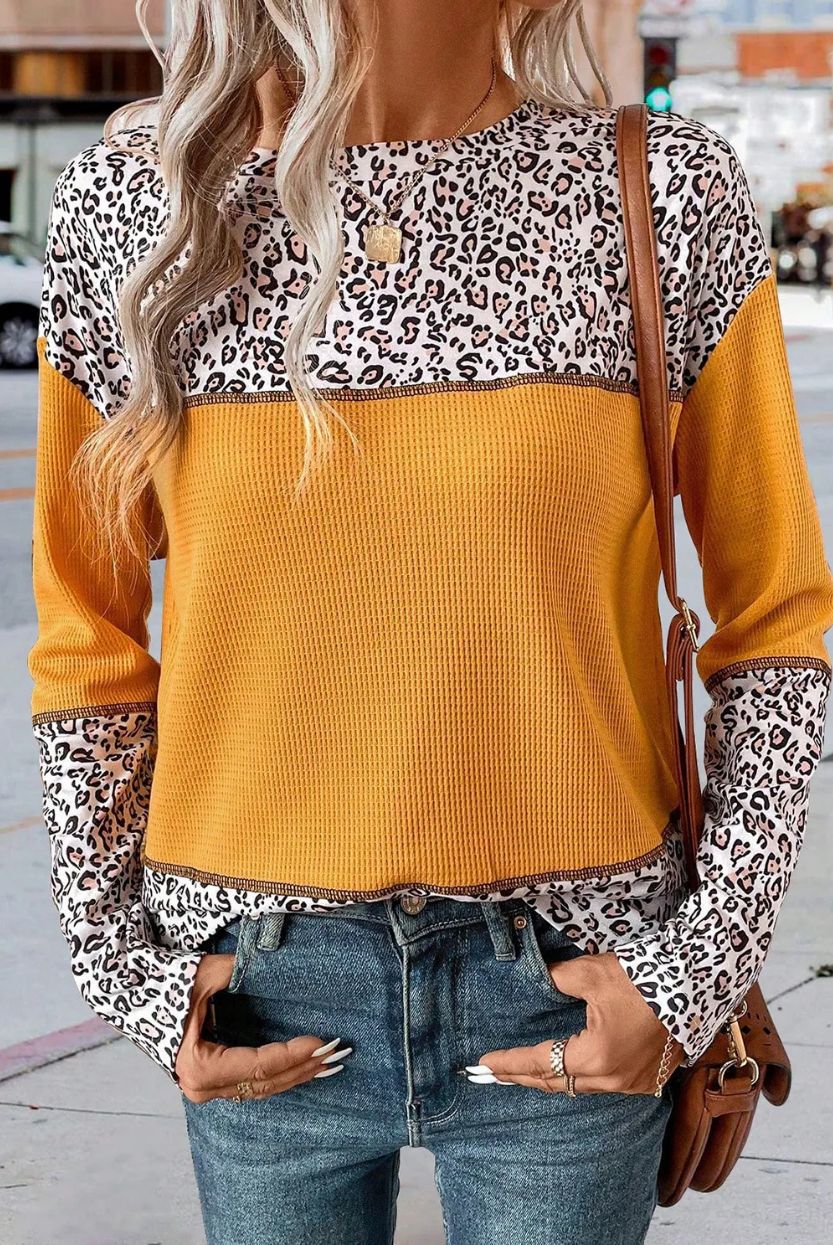 Leopard Splicing Waffle Knit Pullover Sweater