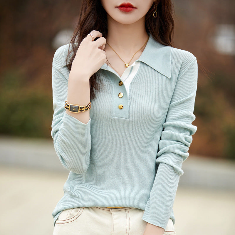 Spring Color Stitching Turnover Neck Design Women's Tencel Sweater