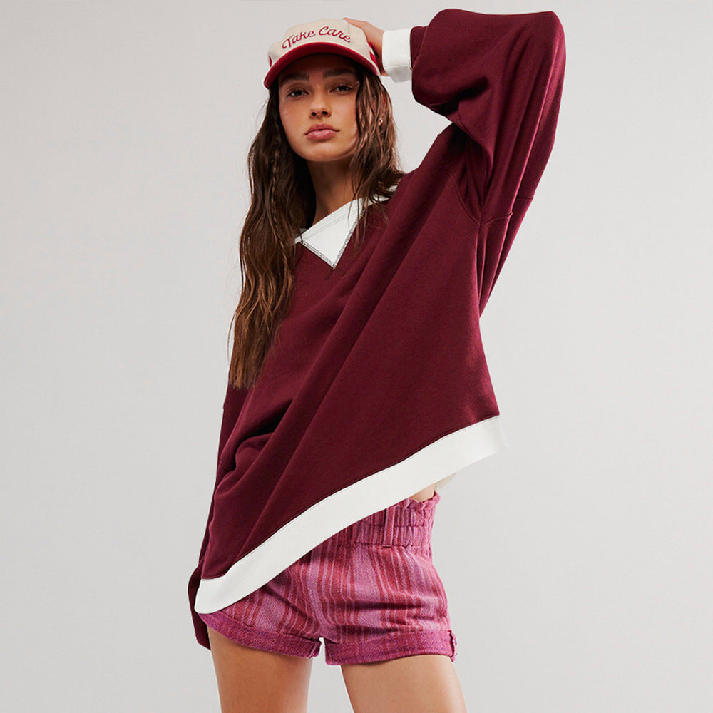 Color-Block Lantern Sleeve Casual Pullover Sweatshirt