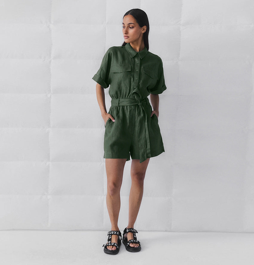 Women's Retro Lapel Wide-Leg Romper with Lace-Up Waist