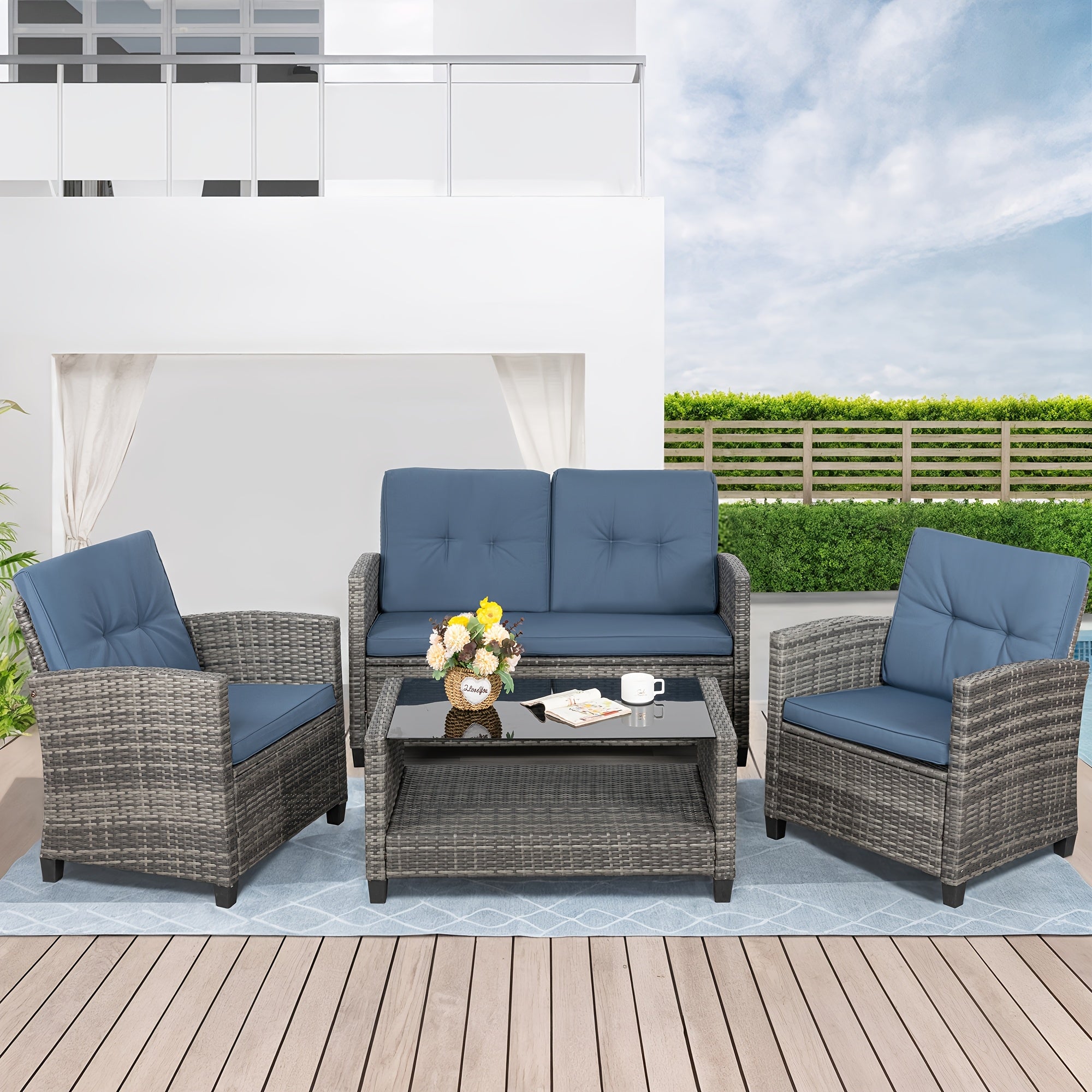 [Outdoor Rattan Set] 4pcs Outdoor Rattan Patio Furniture Set With Foam Cushions & Coffee Table - Wicker Sofa Suitable For Porch, Deck, Backyard, Small Space Conversation Set With Cushioned Seating, Rattan For Balcony Or