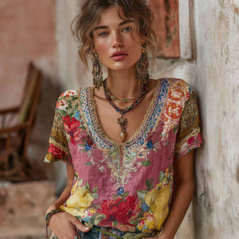 Vibrant Pink Patchwork Pullover – Cozy Short‑Sleeve Tee