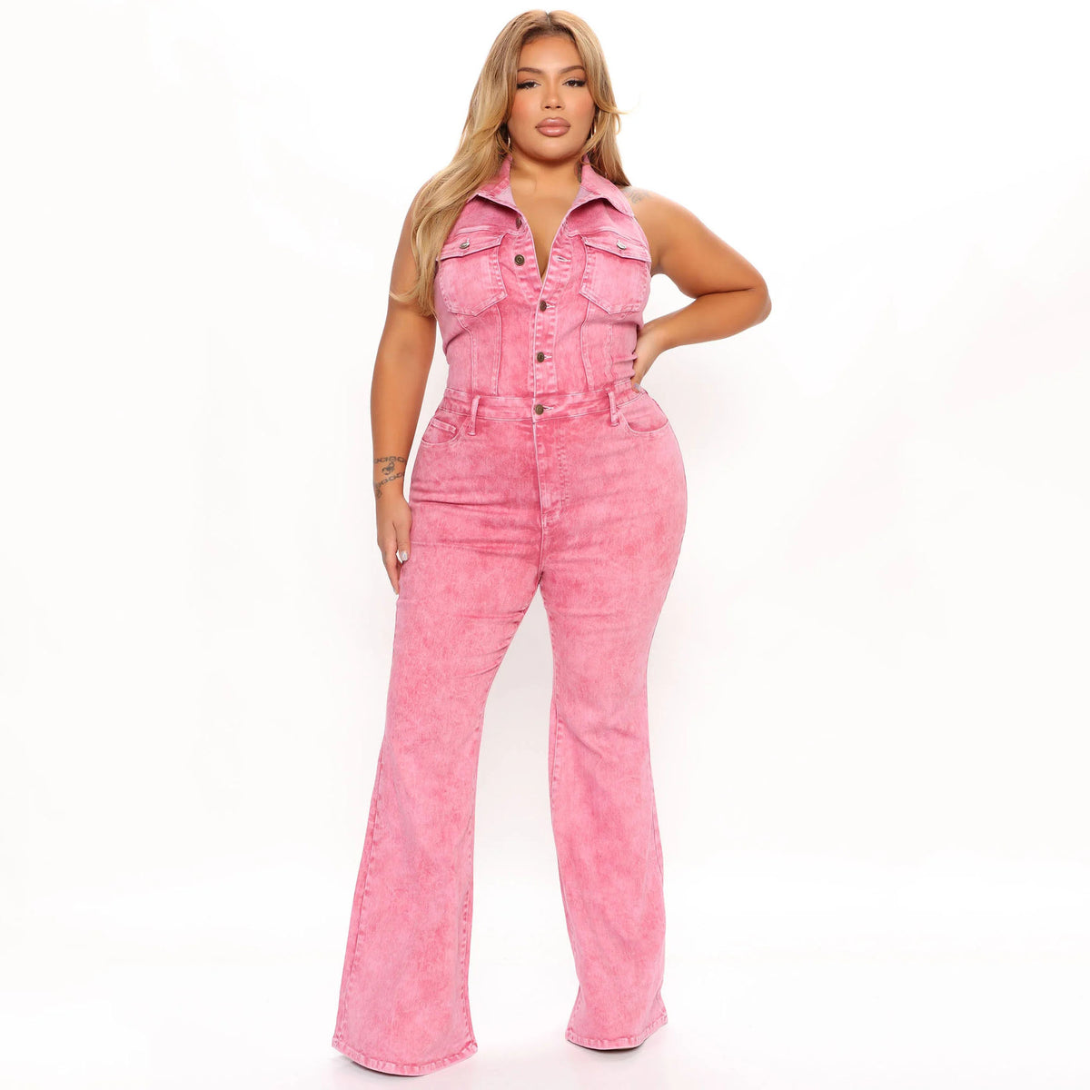 Women's Backless Denim Workwear Jumpsuit with Pockets