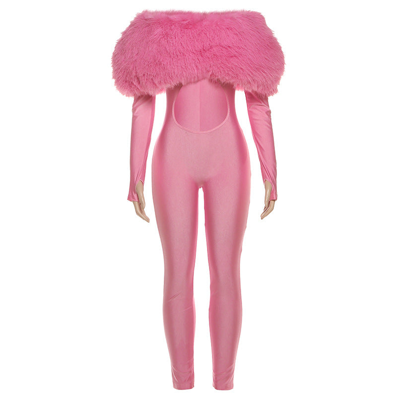 Sexy Off-Shoulder Furry Stitching Long Sleeve Jumpsuit