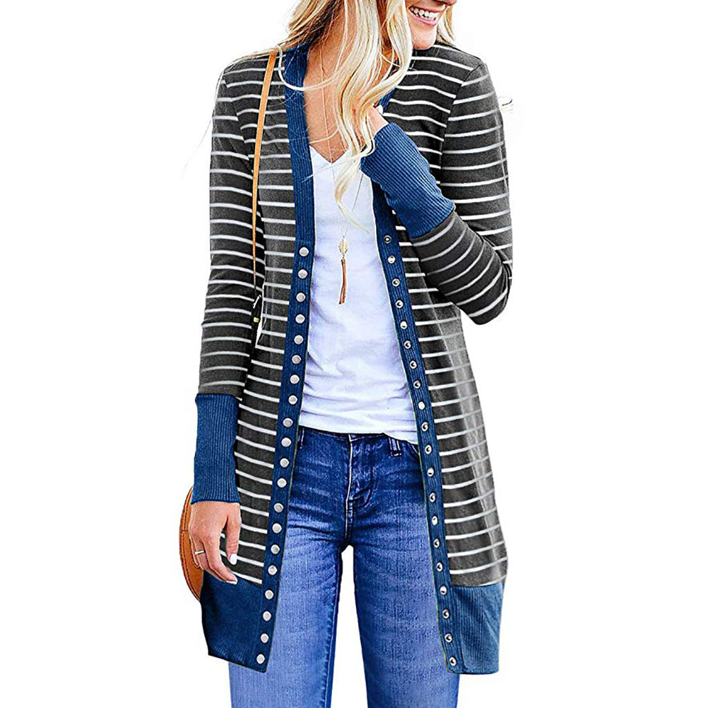 Plus Size Striped Mid-Length Cardigan Sweater
