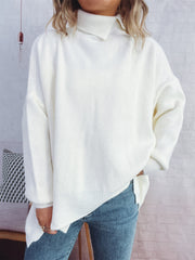 Women's Simple and Irregular Split Turtleneck Solid Color Knitted Pullover