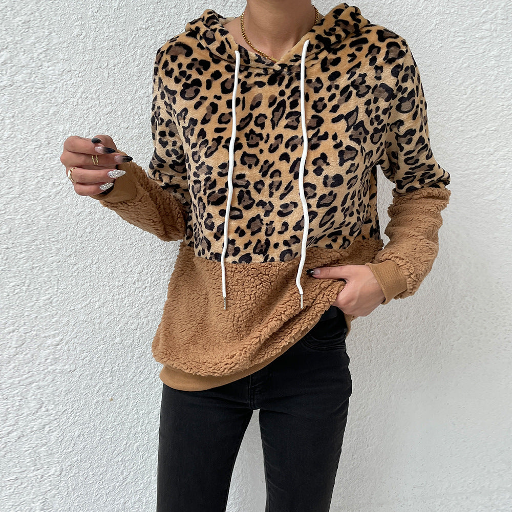 Cozy Leopard Patchwork Velvet Hoodie for Women